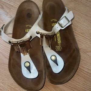 Birkenstock White and Brown Thong Sandals with Gold Fringe